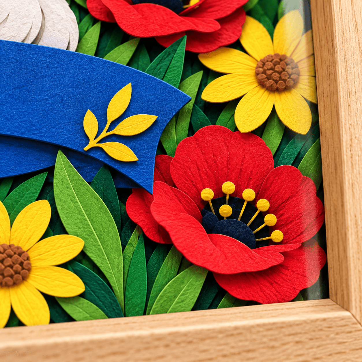 Close-up of colorful layered paper flowers and leaves inside a small frame