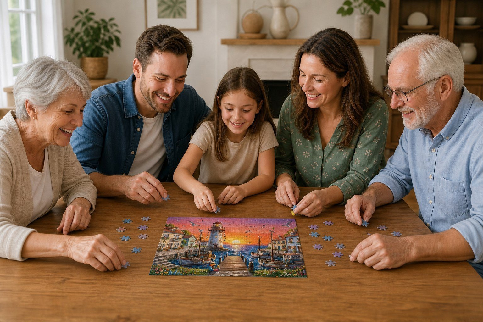 A multigenerational family spending time together around a jigsaw puzzle