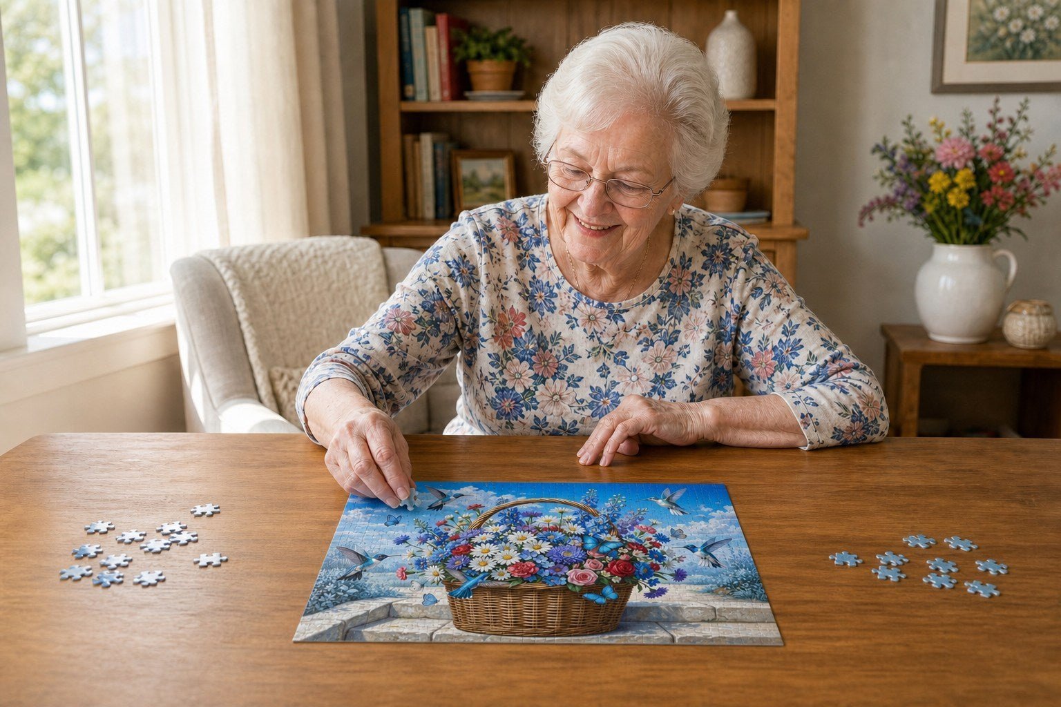 A grandmother smiling while enjoying a meaningful jigsaw puzzle at home