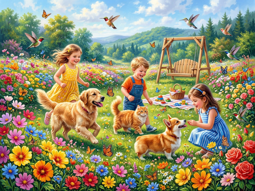 Children and puppies in a garden 25-piece large puzzle for seniors