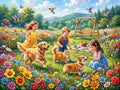 Children and puppies in a garden 25-piece large puzzle for seniors
