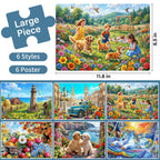 Large-piece puzzle size guide with six colorful designs for seniors