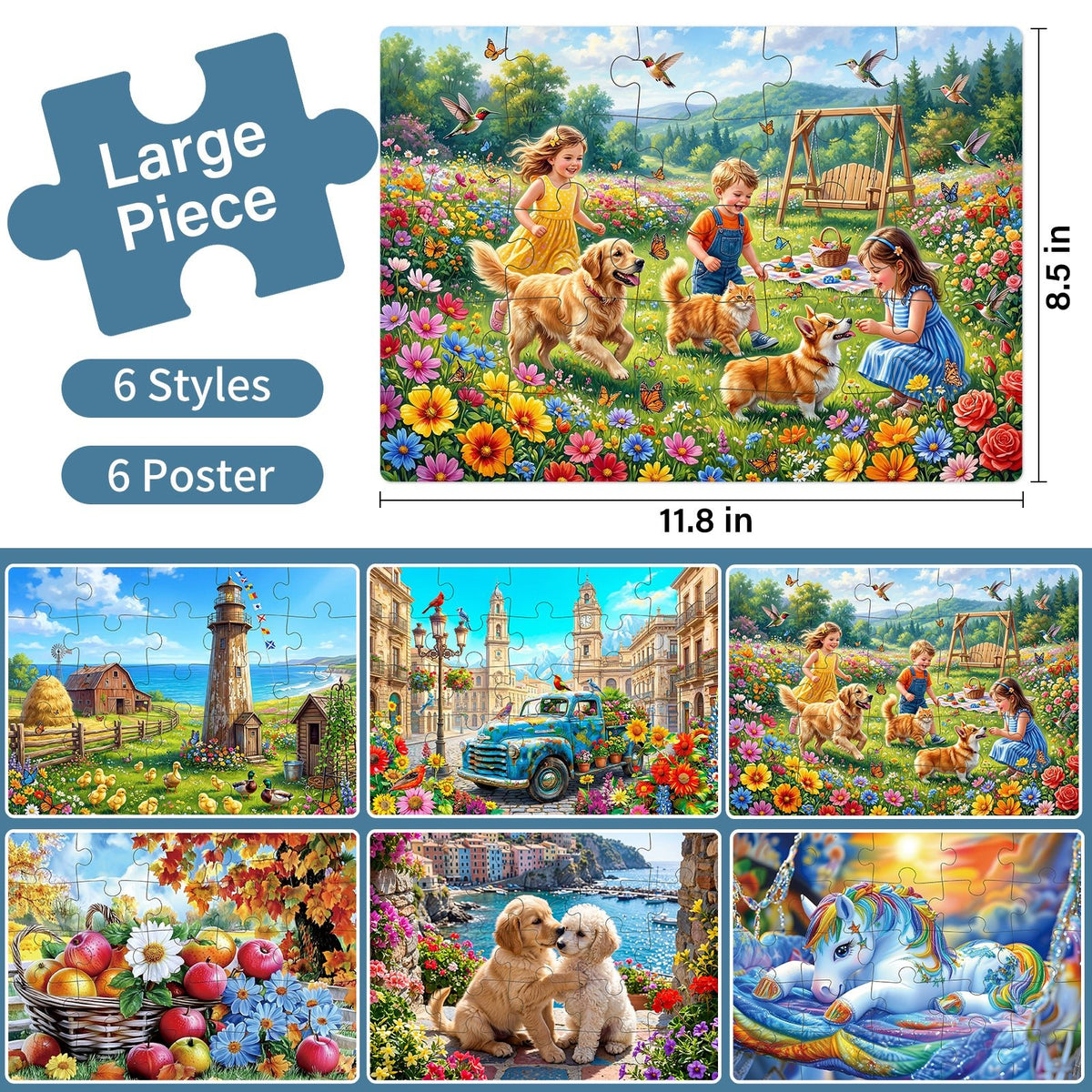 Large-piece puzzle size guide with six colorful designs for seniors