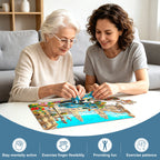 Senior and caregiver enjoying an easy-grip large-piece puzzle activity