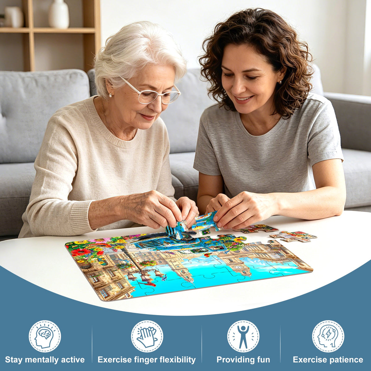 Senior and caregiver enjoying an easy-grip large-piece puzzle activity