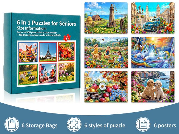 Six-in-one large-piece puzzle set for seniors with storage bags and posters