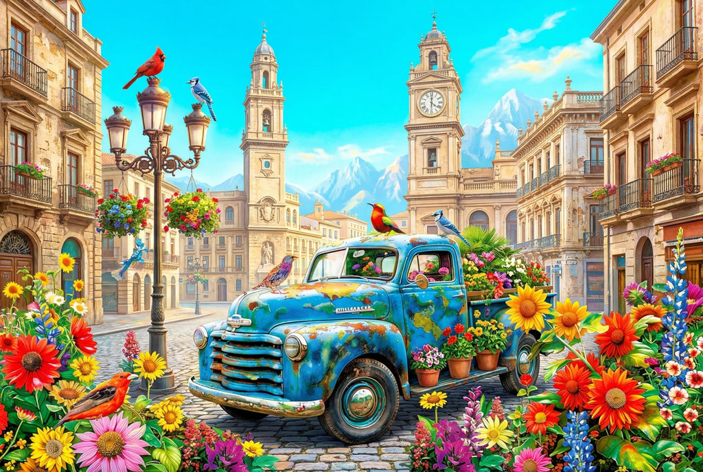 Vintage truck in a colorful city large puzzle for seniors