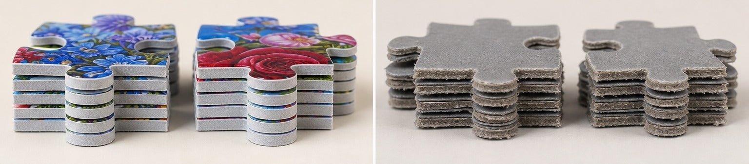 Dense white-core puzzle board compared with thin gray-core board