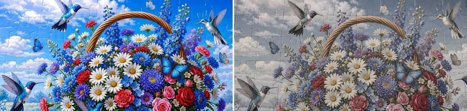 Vivid premium puzzle color compared with muted ordinary puzzle color