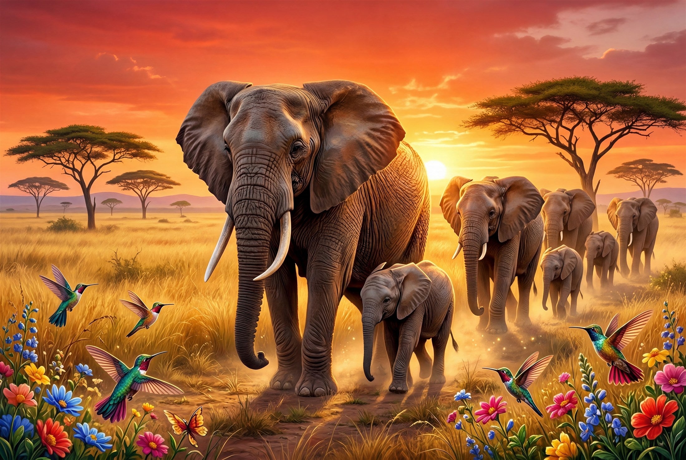 Elephant family at sunset puzzle artwork
