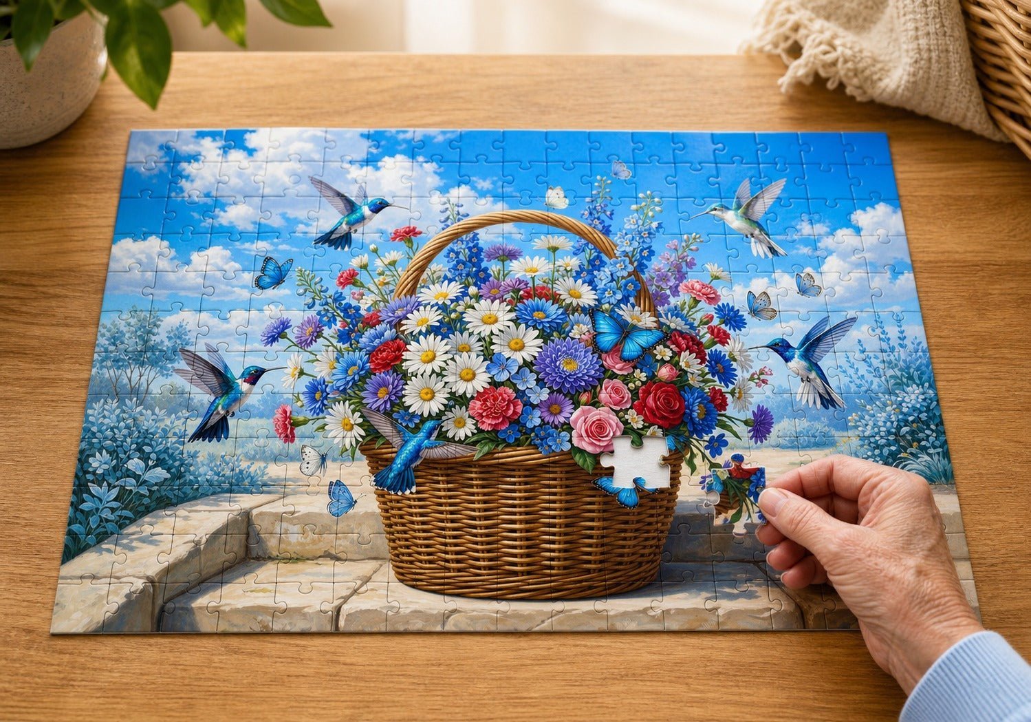 Older adult placing an easy-to-handle puzzle piece into a vivid 30 by 21 centimeter puzzle